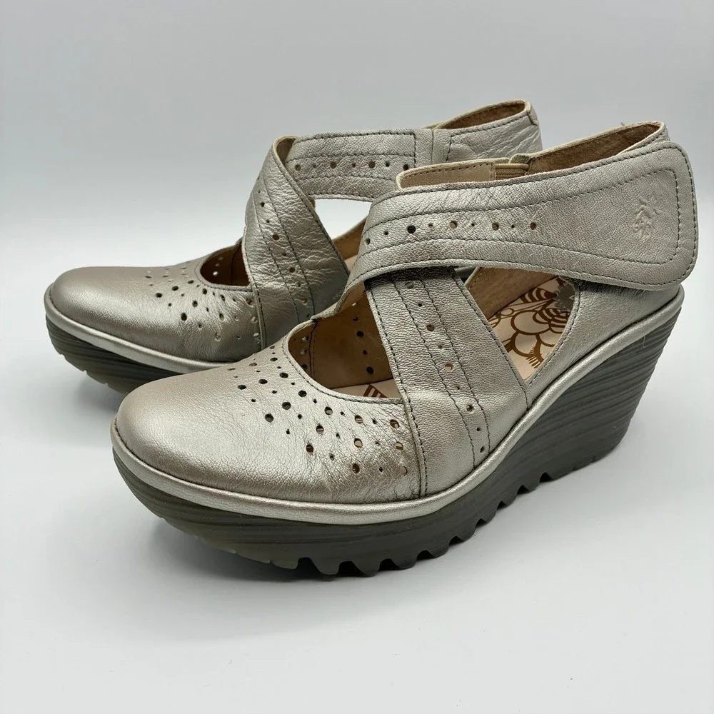 Fly London Yepe Wedge Sandals Womens 38 7.5-8 Gold Leather Perforated Mary Jane